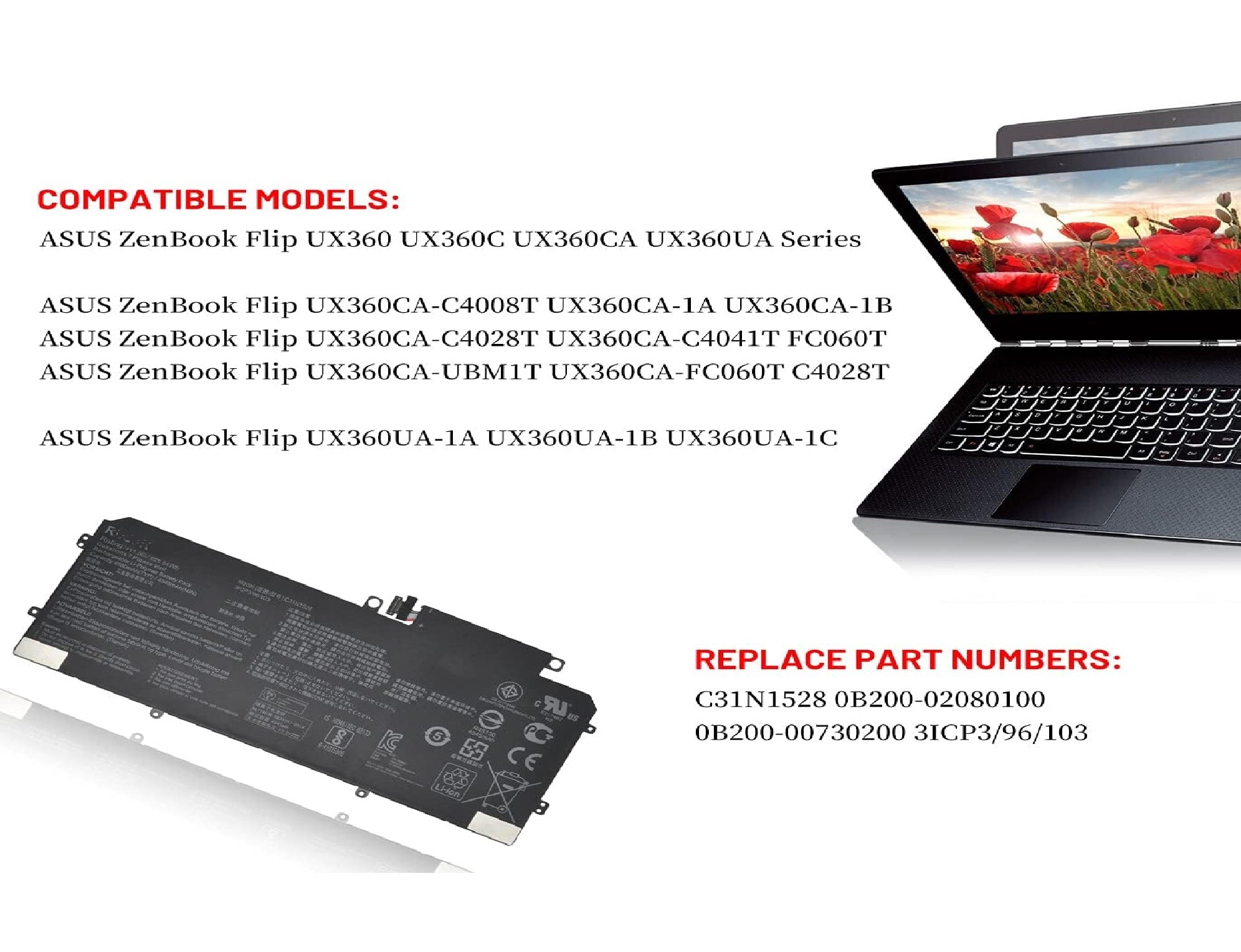 C31N1528 Asus Laptop Battery for Asus ZenBook Flip UX360 UX360C UX360CA UX360UA UX360CA-C4008T C4028T C4041T FC060T UBM1T UX360UA-1A 1B 1C Series 3ICP3/96/103 0B200-02080100 0B200-00730200 11.55V 54Wh Laptop Batteries JS Bazar