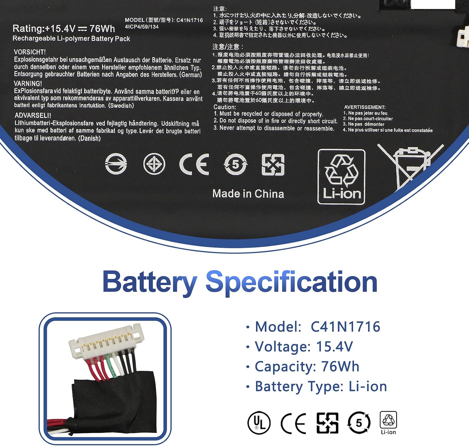 C41N1716 Asus Laptop Battery for ASUS ROG Strix GL703GS GL703GM Scar, ROG Strix S7BS S7BS8750 GL703GM-NS73 GL703GM-DS74 GL703GS-DS74 0B200-02770000 4ICP4/59/134 15.4V 76Wh Laptop Batteries JS Bazar