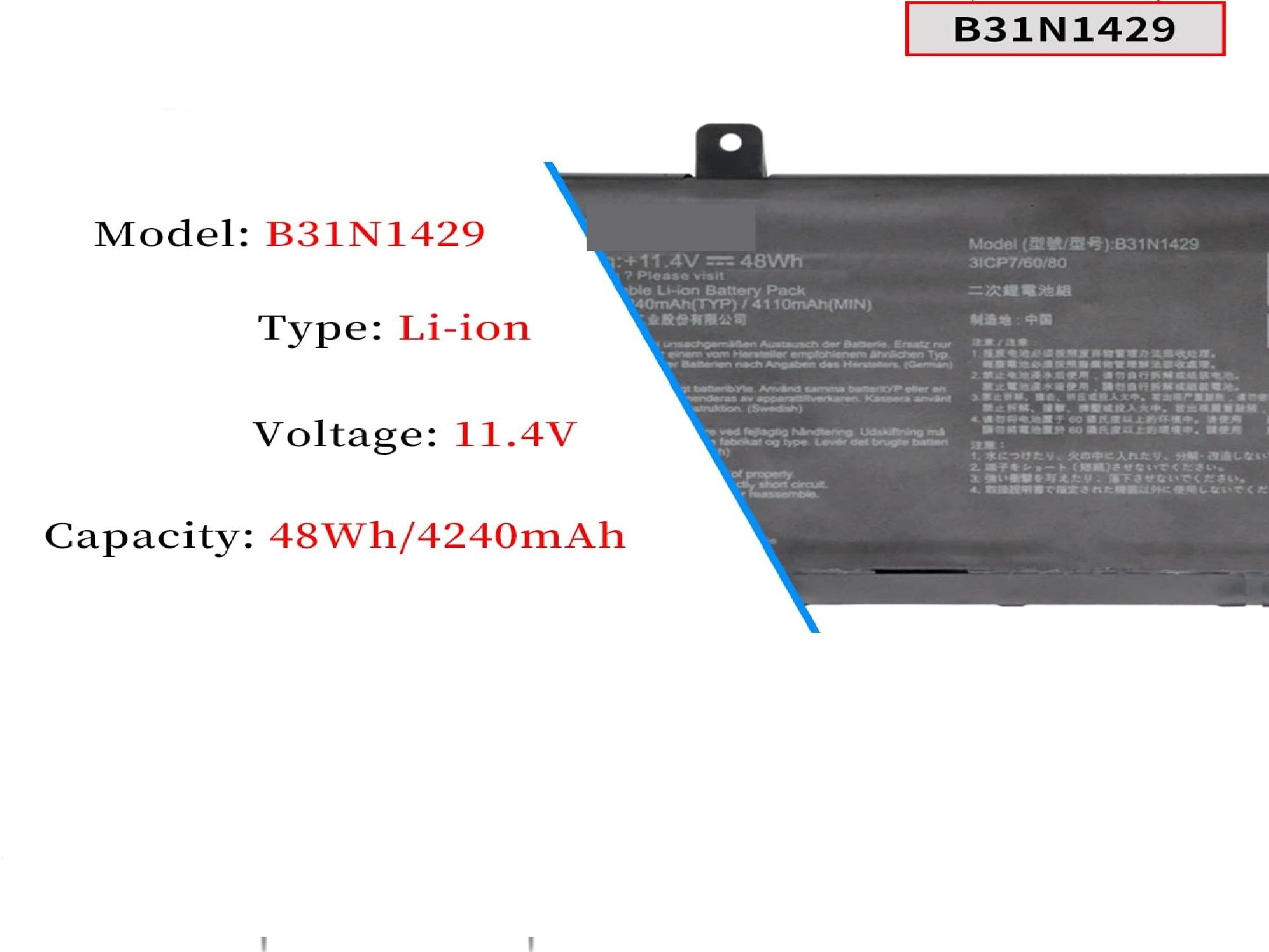 B31N1429 Asus Laptop Battery for Asus A501LB A501LX A501UB A501UQ A501UW A501UX K501L K501LB K501LX K501LX-NH52 K501U K501UB K501UQ K501UX K501UX-AH71 K501LX-NH52 K501UW Series 0B200-01460100 11.4V 48Wh Laptop Batteries JS Bazar