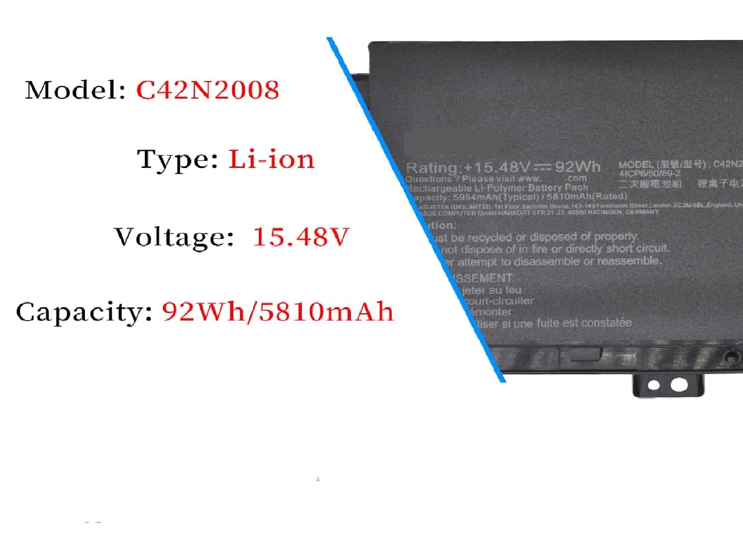 C42N2008 Asus Laptop Battery for ASUS ZenBook Pro Duo 15 OLED UX582 UX582L UX582LR XS74T UX582LR-H2002R UX582LR-BP1979R UX582LR-H2002TS H2003R UX582LR-H2017T H2025R UX582LR-XS94T 0B200-03840000 15.48V 92Wh Laptop Batteries JS Bazar