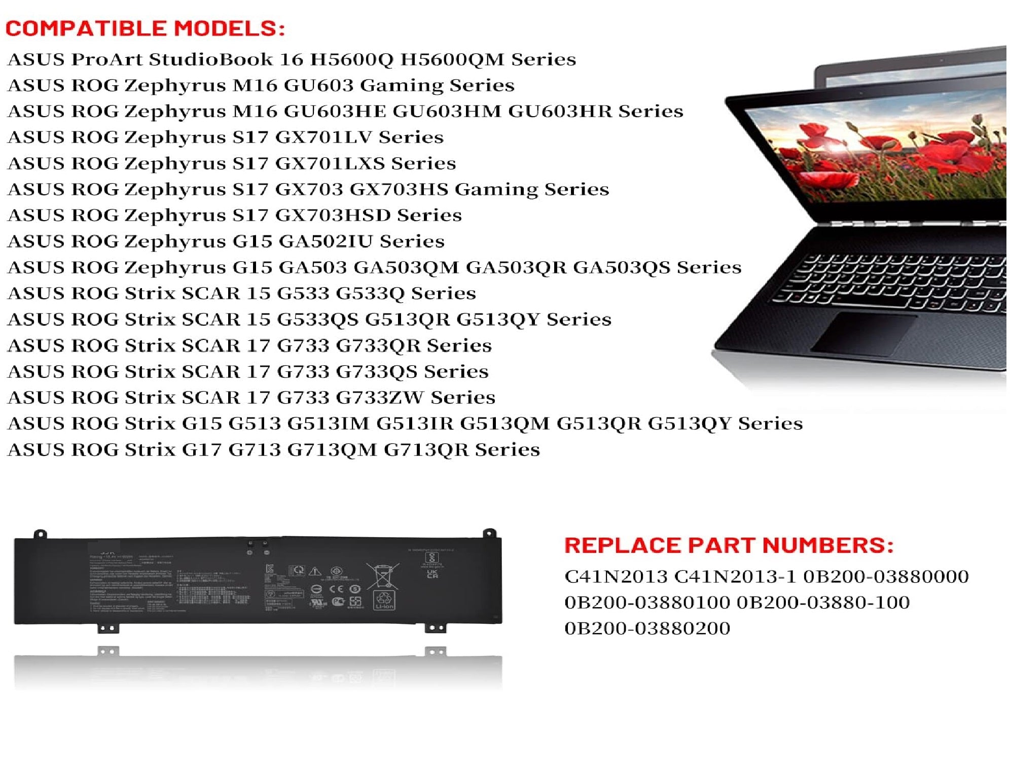 C41N2013 Asus Laptop Battery for ASUS ROG Zephyrus G15 G513 G513QR G513QY G533 G533QS GA503 GA503QM G17 G713 G733 Zephyrus M16 GU603 S17 GX703 GX703HS GX703HSD GX701LV GX701LXS Series C41N2013-1 15.4V 90Wh Laptop Batteries JS Bazar