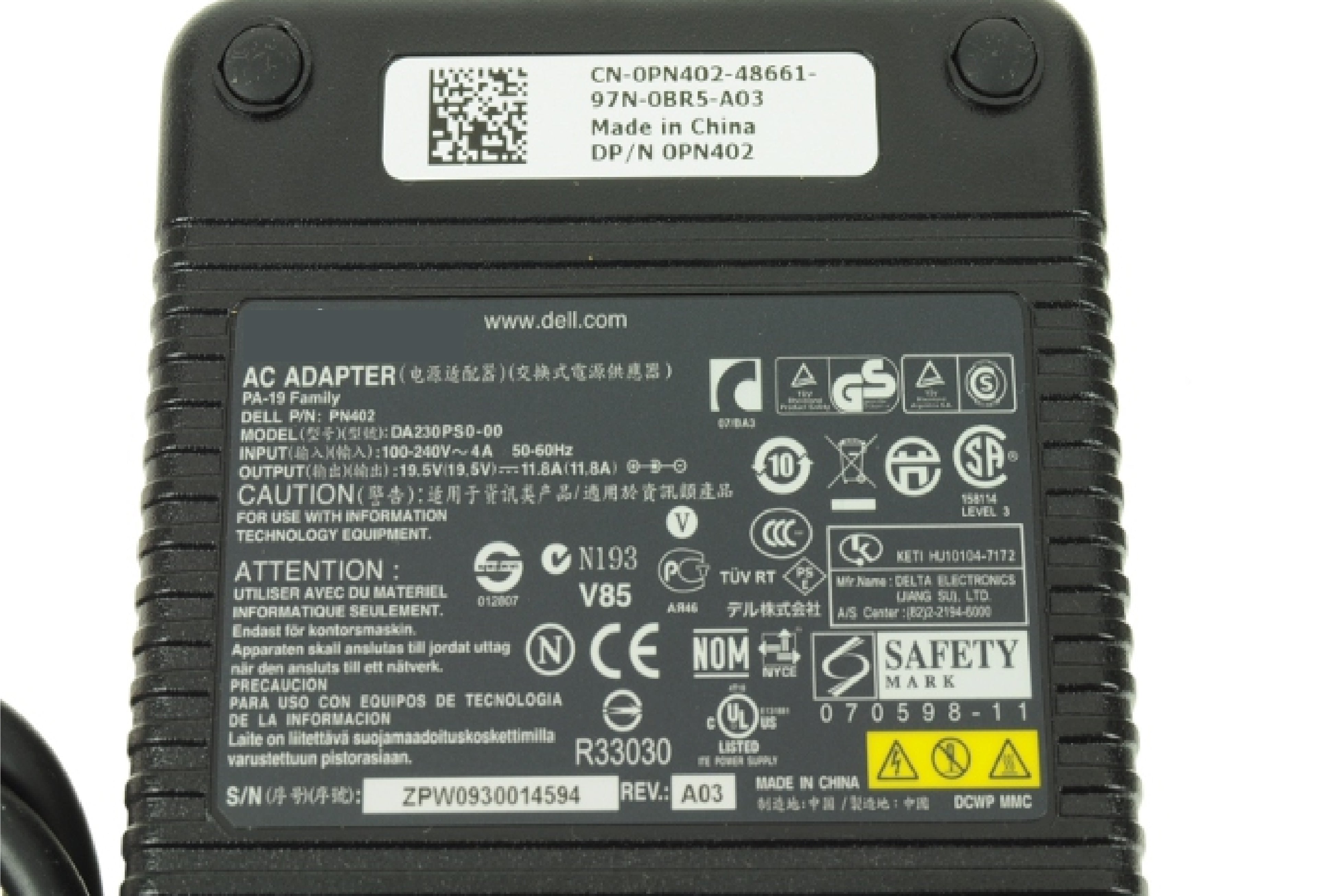 230W Dell Laptop charger for Dell XPS M1730 M1730N 0DT878 0PN402 330-0722 CN072 DA230PS0-00 PA-19 HA230PS0-00 19.5V 11.8A 7.4x5.0MM Laptop Charger JS Bazar