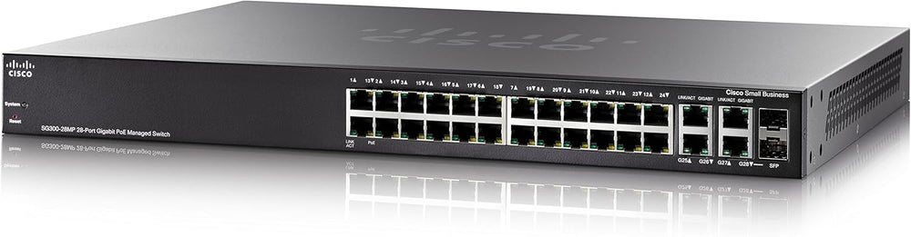 SG300-28MP - Cisco Small Business 300 Series Managed Switches, 26 10/100/1000 ports (24 PoE+ ports with 375W power budget), 2 combo mini-GBIC ports