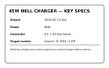 45W Dell charger specifications for Inspiron 15 3558 and 5378