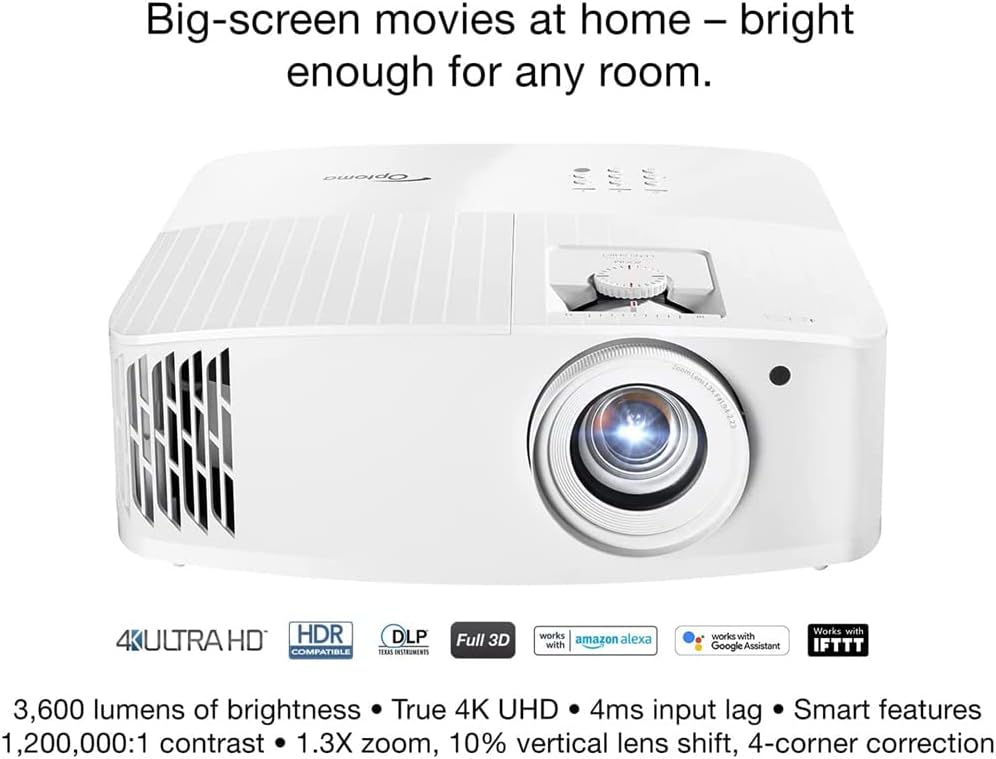 Optoma UHD55 Projector, DLP Technology, 3600 ANSI Lumens, UHD 3840x2160 Resolution, 16:9 Aspect Ratio, 1.3x Zoom - JS Bazar