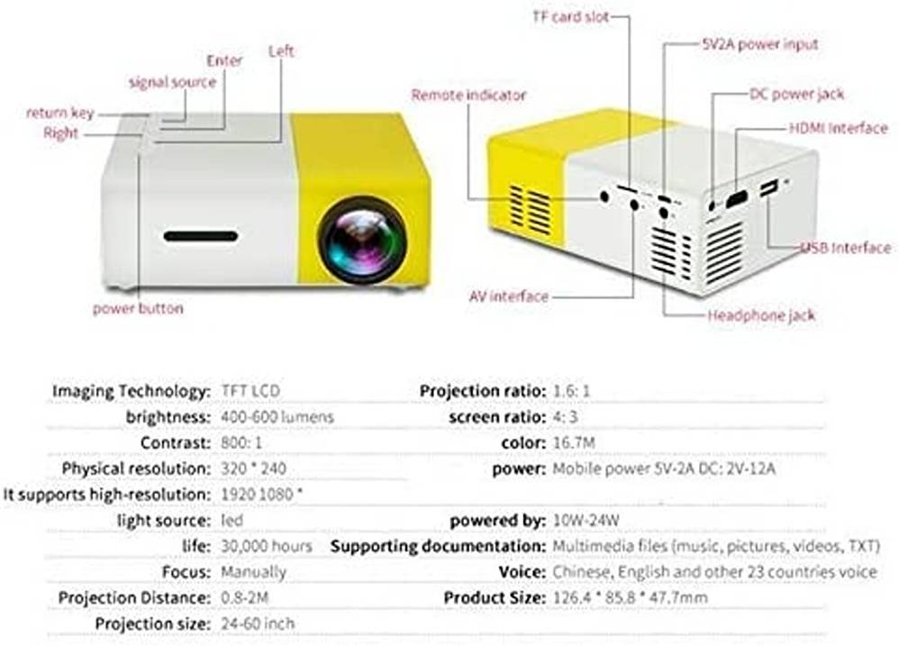Generic QVGA LCD Projector, 16.7k Color Reproduction, Up to 1280 x 800 Resolution, American Bridgelux LED, White/Yellow : N14736204A - JS Bazar