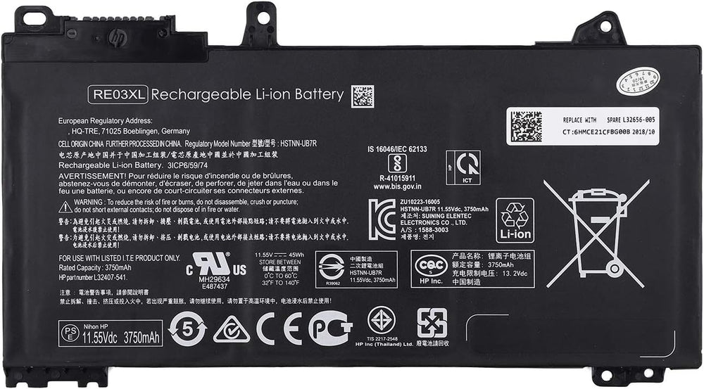 Original RE03XL Laptop Battery for HP ProBook 430 440 445 450 455R G6 430 440 445 450 G7 ZHAN 66 Pro 13 G2 14 G2 14 G3 15 G2 Series L32656-002 L32656-005 L32407-2C1 L32407-541 L32407-AC1 HSTNN-OB1C Laptop Batteries JS Bazar