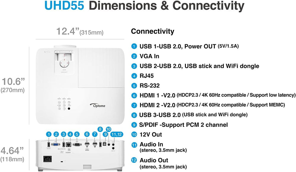 Optoma UHD55 Projector, DLP Technology, 3600 ANSI Lumens, UHD 3840x2160 Resolution, 16:9 Aspect Ratio, 1.3x Zoom - JS Bazar