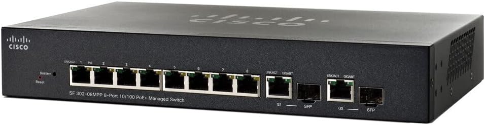 SF302-08 - Cisco Small Business 300 Series Managed Switches, 8 10/100 PoE+ ports with 62W power budget, 2 combo mini-GBIC ports -Used