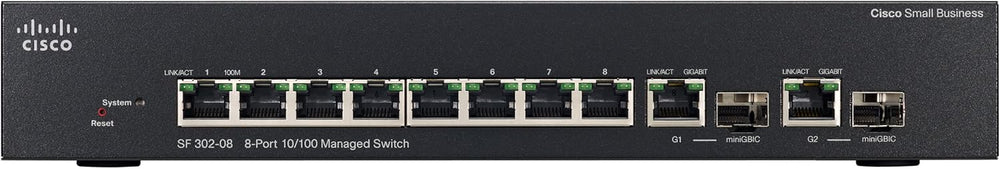 SF302-08P - Cisco Small Business 300 Series Managed Switches, 8 10/100 PoE+ ports with 62W power budget, 2 combo mini-GBIC ports