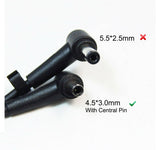 Connector comparison: ASUS 4.5 x 3.0 mm center-pin tip versus incompatible 5.5 x 2.5 mm tip