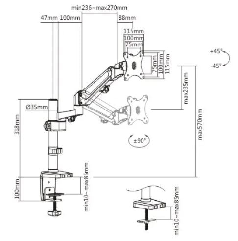 Single Monitor Heavy-Duty Aluminum Gas Spring Monitor Arm | LDT47-C012N - JS Bazar