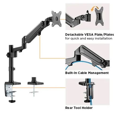 Single Monitor Heavy-Duty Aluminum Gas Spring Monitor Arm | LDT47-C012N - JS Bazar