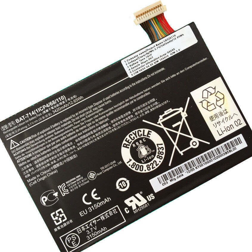 7.4V 3420mAh 12.65wh Replacement BAT-714 Acer Iconia Tab A110 Tablet PC KT0010G001 1ICP4/68/110 Replacement Laptop Battery - JS Bazar