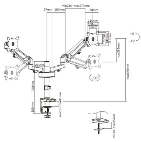 Dual Monitors Heavy-Duty Aluminum Gas Spring Monitor Arm | LDT47-C024N - JS Bazar