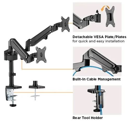 Dual Monitors Heavy-Duty Aluminum Gas Spring Monitor Arm | LDT47-C024N - JS Bazar