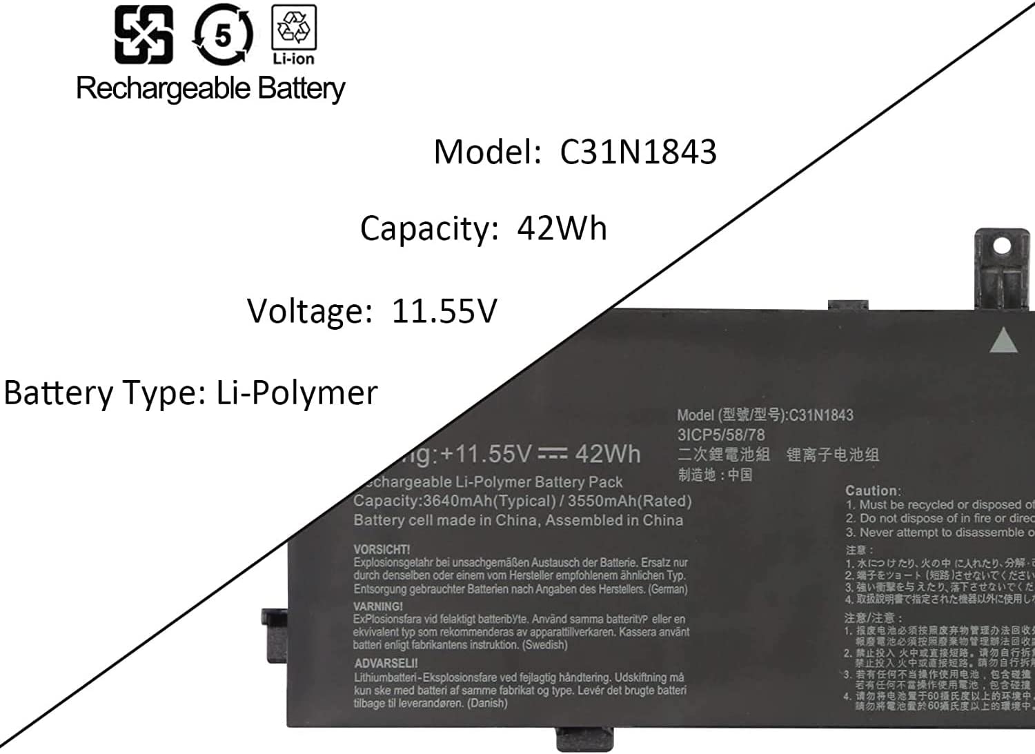 Asus Laptop Battery Compatible for 42Wh C31N1843 Laptop Battery Replacement for Asus VivoBook Laptop Batteries JS Bazar