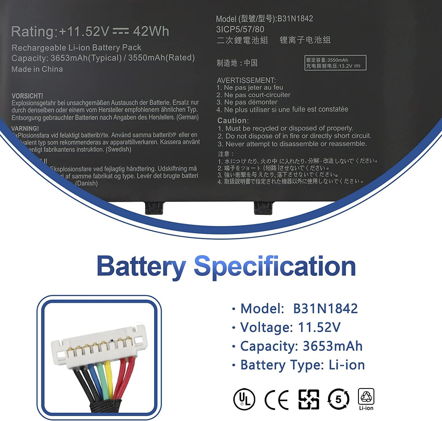 Original B31N1842 Asus Laptop Battery 42Wh Compatible with ASUS VIVOBOOK 15 M513 S513EA S513IA X513EA X513EP / VIVOBOOK S15 K531FA K531FL S530FA S531FA S531FL S5500FL V531FA Series 3ICP5/57/80 0B200-0344000 Laptop Batteries JS Bazar