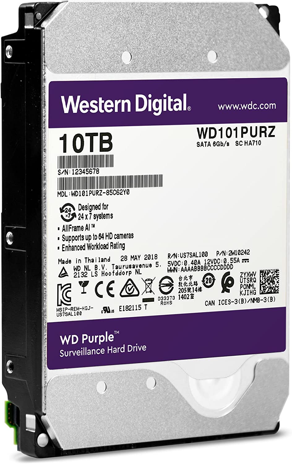 WD 10TB Surveillance Internal Hard Drive - 7200 RPM Class, SATA 6 Gb/s, 265 MB Cache, Purple : WD102PURZ Hard Drives JS Bazar